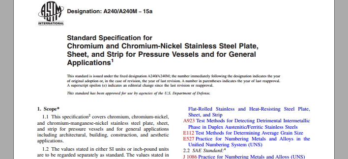 astm美標標準A240/A240M-15a